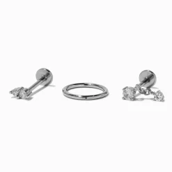 Silver-tone Stainless Steel Crystal 18G Stud & Hoops Threadless Cartilage Earrings - 3 Pack