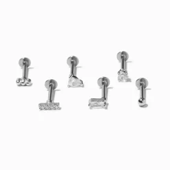 Silver-tone Stainless Steel Cubic Zirconia Geometric 16G Cartilage Earrings - 3 Pack