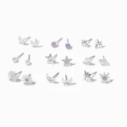 Silver-tone Star Bursts Stud Earrings - 9 Pack