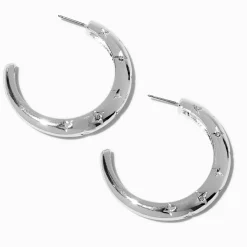 Silver-tone Star Stamped 50mm Hoop Earrings
