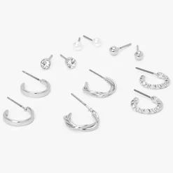 Silver-tone Textured Earrings Set - 6 Pack