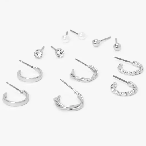 Silver-tone Textured Earrings Set - 6 Pack