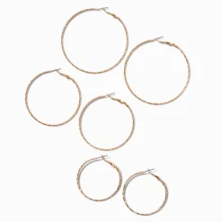 Silver-tone Textured Graduated Hoop Earrings - 3 Pack