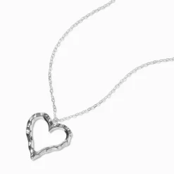 Silver-tone Textured Heart Long Pendant Necklace