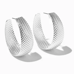 Silver-tone Textured Hoop Earrings
