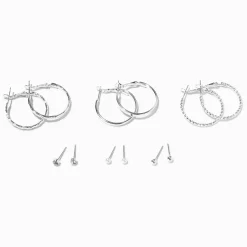 Silver-tone Textured Hoop & Studs Earrings Set - 6 Pack