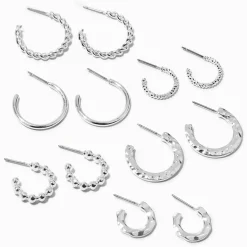 Silver-tone Textured Huggie Hoops - 6 Pack