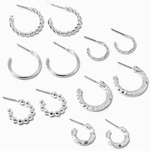 Silver-tone Textured Huggie Hoops - 6 Pack
