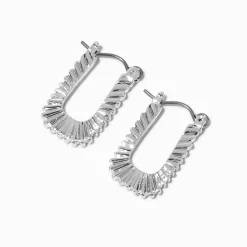 Silver-tone Textured Rectangular Hoop Earrings