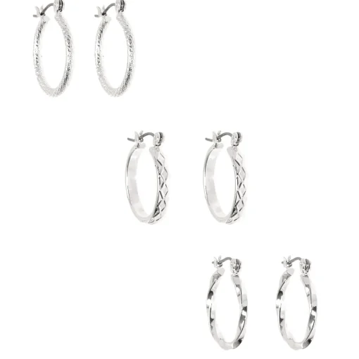 Silver-tone Thick Textured 20mm Hoop Earrings - 3 Pack