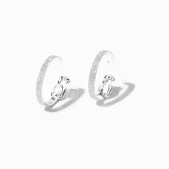 Silver-tone Thin Glitter 20mm Clip-On Hoop Earrings