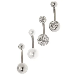Silver-tone Titanium Crystal Pearl Mixed 14G Belly Bars - 4 Pack