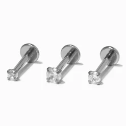 Silver-tone Titanium Cubic Zirconia 16G Cartilage Stud Earrings - 3 Pack