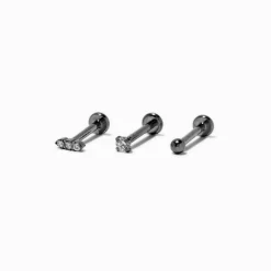 Silver-tone Titanium Cubic Zirconia Triple Linear Stud 18G Threadless Tragus Earring - 3 Pack
