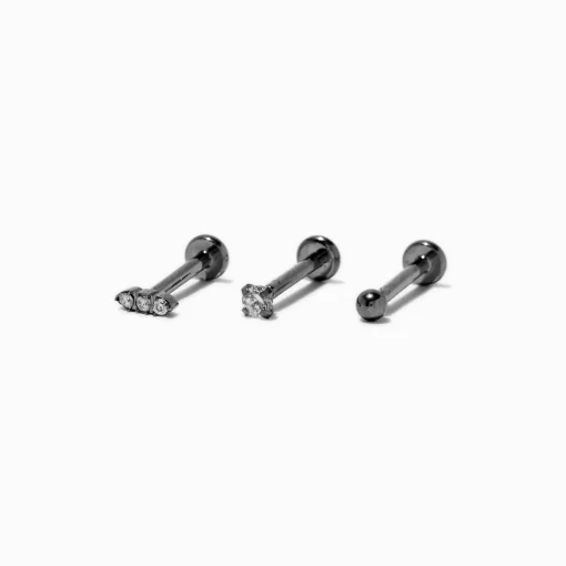 Silver-tone Titanium Cubic Zirconia Triple Linear Stud 18G Threadless Tragus Earring - 3 Pack