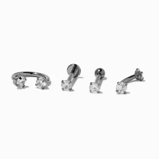 Silver-tone Titanium Cubic Zirconia 16G Labret Lip Studs - 4 Pack