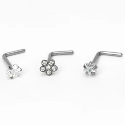 Silver-tone Titanium 20G Flower, Heart & Star Nose Studs - 3 Pack