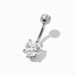 Silver-tone Titanium Heart Crystal 14G Belly Bar