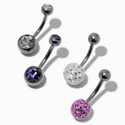 Silver-tone Titanium Purple Fireball 14G Belly Bars - 4 Pack