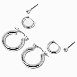 Silver-tone Tubular Hoop Earring Stackables Set - 3 Pack