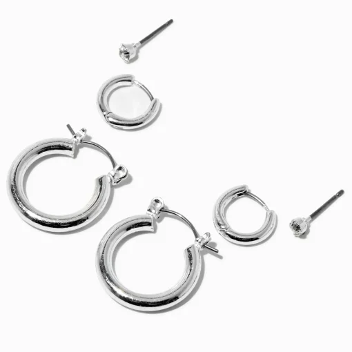Silver-tone Tubular Hoop Earring Stackables Set - 3 Pack