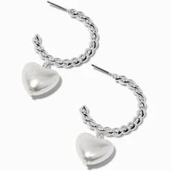 Silver-tone Twisted 30mm Hoops with Pearl Puffy Hearts