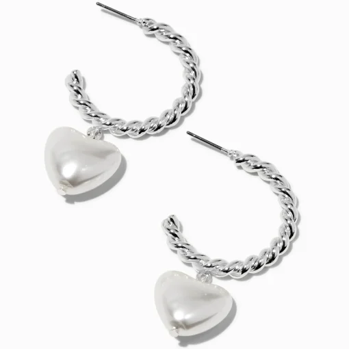 Silver-tone Twisted 30mm Hoops with Pearl Puffy Hearts