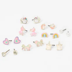 Silver-tone Unicorn Mixed Stud Earrings - 9 Pack
