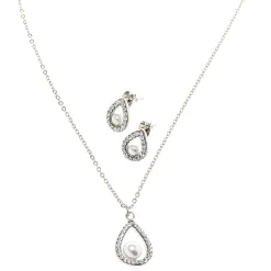 Silver-tone White Pearl Teardrop Pendant Necklace & Earring Set