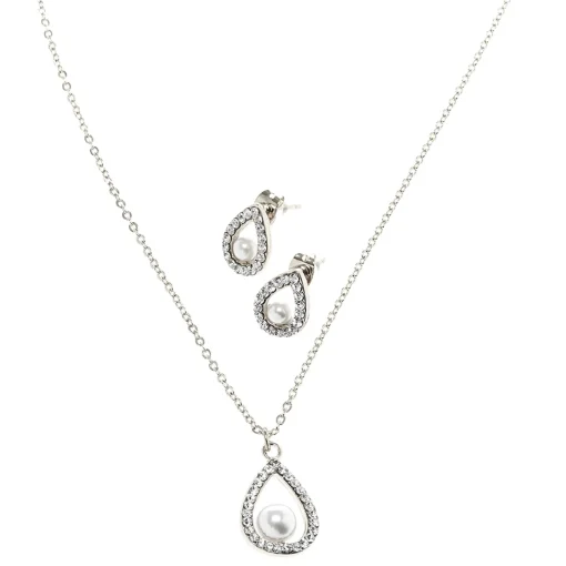 Silver-tone White Pearl Teardrop Pendant Necklace & Earring Set