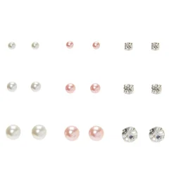 Silver-tone White & Pink Pearl & Crystal Graduated Stud Earrings - 9 Pack