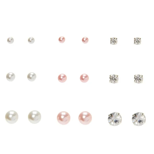Silver-tone White & Pink Pearl & Crystal Graduated Stud Earrings - 9 Pack