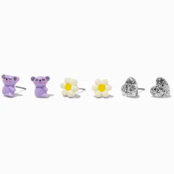 Sloth, Daisy, & Heart Stud Earrings - 3 Pack