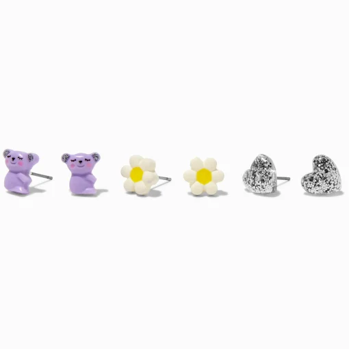 Sloth, Daisy, & Heart Stud Earrings - 3 Pack