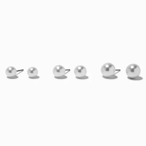 Small White Pearl Stud Earrings - 3 Pack
