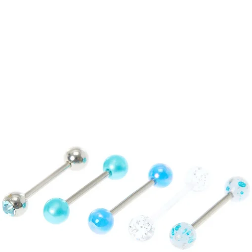 Stainless Steel Pearlized Blue Barbell 14G Tongue Rings - 5 Pack