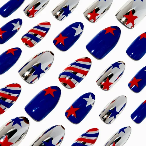 Stars & Stripes Metallic Stiletto Press On Faux Nail Set - 24 Pack