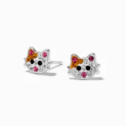 Sterling Silver Crystal Cat Stud Earrings