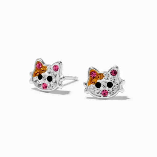 Sterling Silver Crystal Cat Stud Earrings