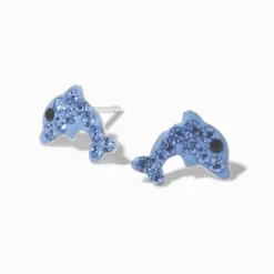 Sterling Silver Crystal Dolphin Stud Earrings