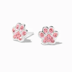 Sterling Silver Crystal Pink Paws Stud Earrings