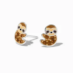 Sterling Silver Crystal Sloth Stud Earrings