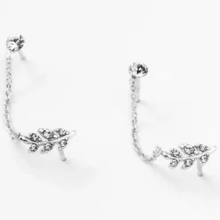 Sterling Silver Embellished Leaf Connector Chain Stud Earrings