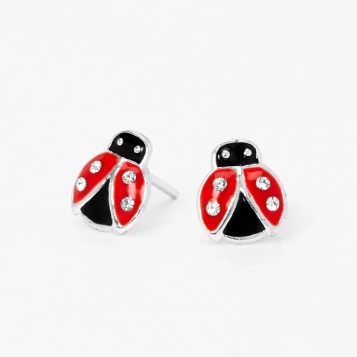Sterling Silver Embellished Red Ladybug Stud Earrings