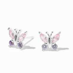 Sterling Silver Pink & Purple Cubic Zirconia Butterfly Stud Earrings