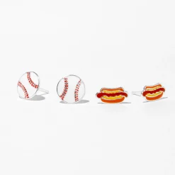Sterling Silver Play Ball Baseball Stud Earrings - 2 Pack