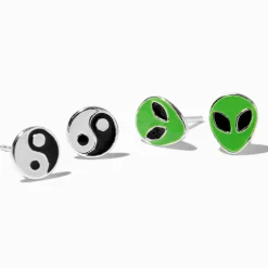 Sterling Silver Yin Yang & Alien Stud Earrings - 2 Pack
