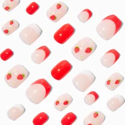 Strawberry French Tip Coffin Press On Faux Nail Set - 24 Pack