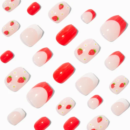 Strawberry French Tip Coffin Press On Faux Nail Set - 24 Pack