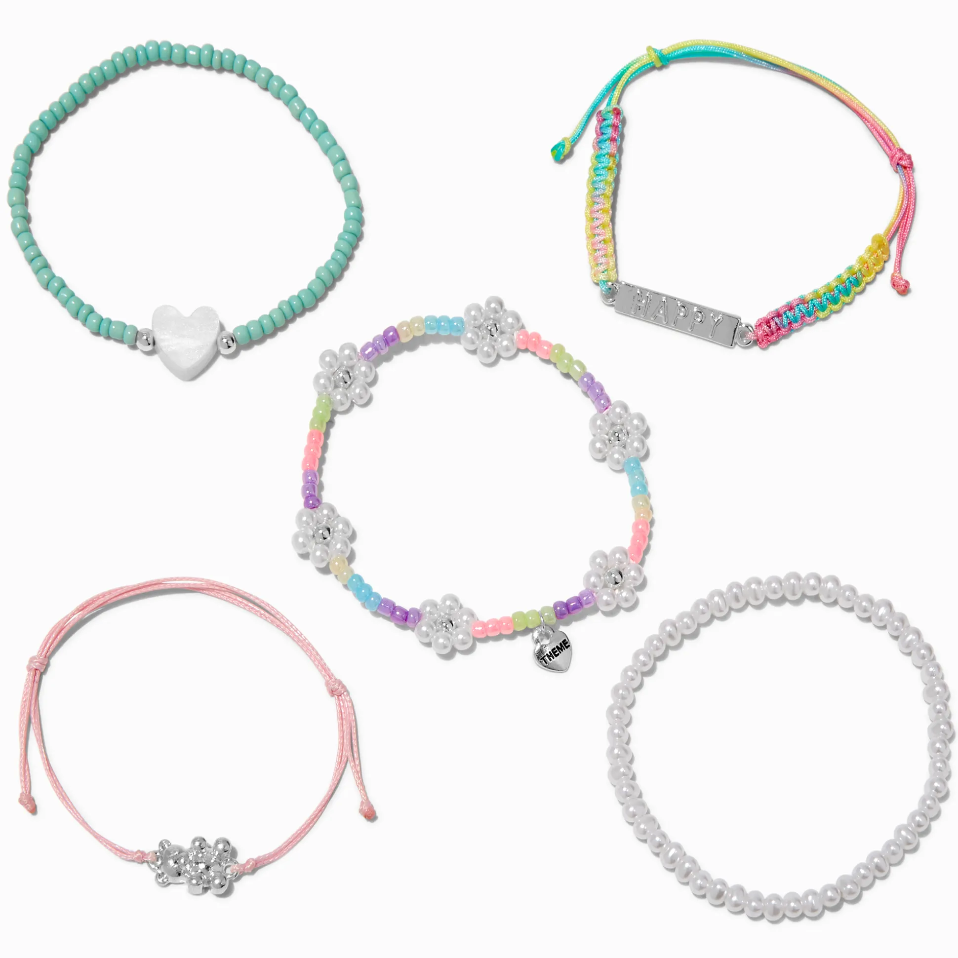 T H E M E x Claire's ''Happy'' Beaded Bracelet Set - 5 Pack